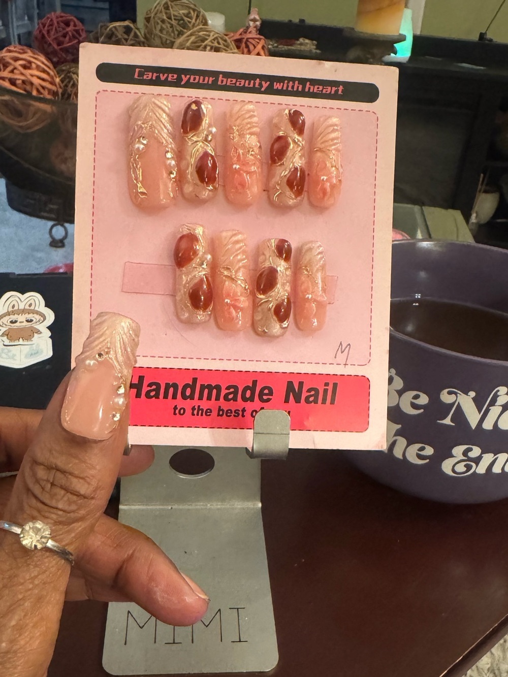 New Handmade Pink Pearl & Deep Red Gem Press-On Nail Set (Long Square)